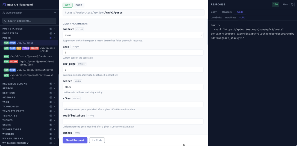 WordPress REST API Playground — three-panel interface showing the /wp/v2/posts GET endpoint with query parameters form and Code tab showing cURL example