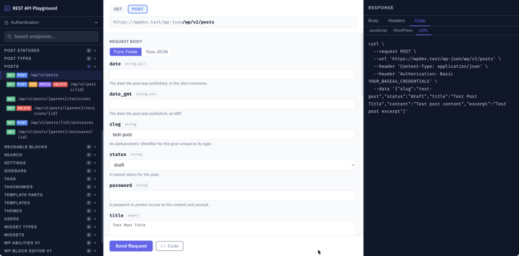WordPress REST API Playground — three-panel interface showing the /wp/v2/posts POST endpoint with query parameters form and Code tab showing cURL example