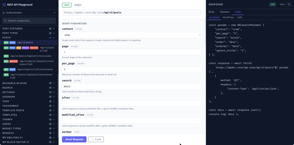 WordPress REST API Playground — three-panel interface showing the /wp/v2/posts GET endpoint with query parameters form and Code tab showing JavaScript example