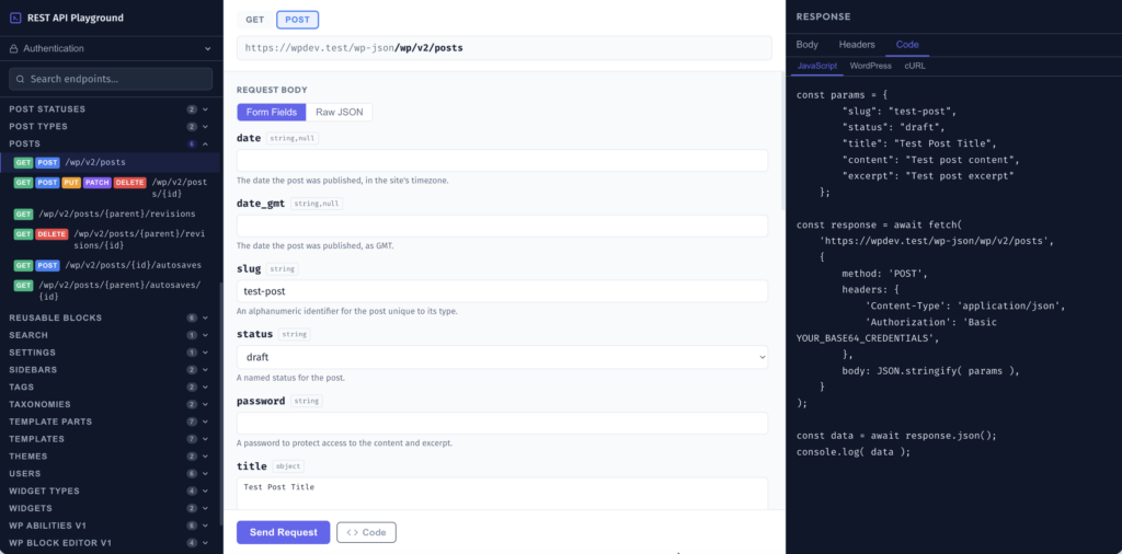 WordPress REST API Playground — three-panel interface showing the /wp/v2/posts POST endpoint with query parameters form and Code tab showing JavaScript example