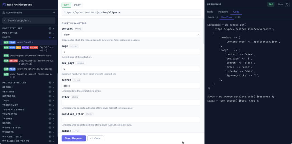 WordPress REST API Playground — three-panel interface showing the /wp/v2/posts GET endpoint with query parameters form and Code tab showing WordPress example