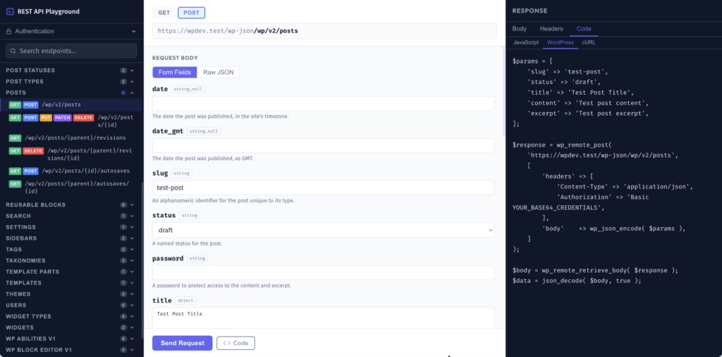 WordPress REST API Playground — three-panel interface showing the /wp/v2/posts POST endpoint with query parameters form and Code tab showing WordPress example